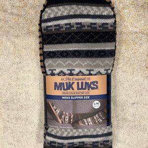 Men’s Muk luks tall knit slipper socks, Sherpa, no slip outersole, blue/grey